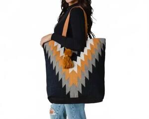 NEW PANACHE APPAREL women's pom tassel cotton tote in black grey mustard aztec t